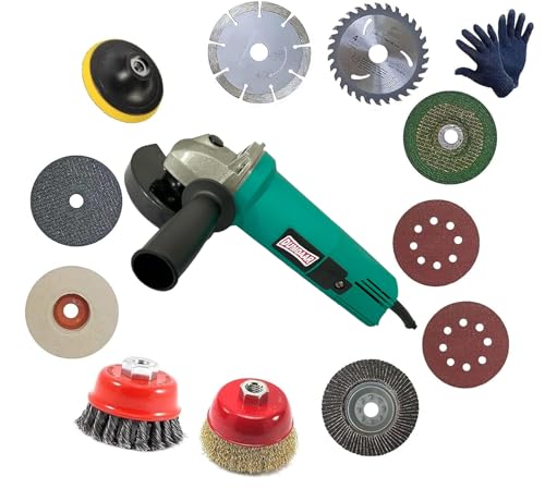 Image of Inditrust Dumdaar Angle Grinder Set, 950W, 100mm Wheel Diameter, with 11 Wheels and Safety Gloves (Green)