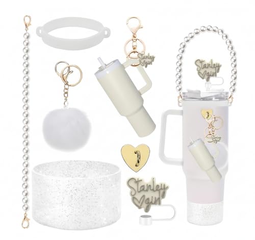 Image of House of Quirk 7 PCS Cup Accessories Set | Tumbler Accessories for 30oz & 40oz | Silicone Boot, Handle Strap, Tumbler Keychain & Straw Covers (White Kawai, Tumbler Not Included)