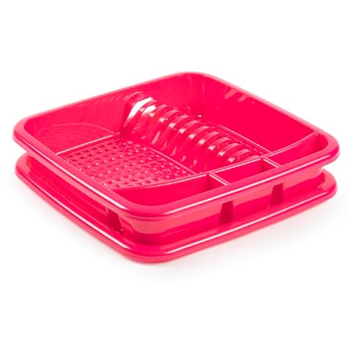Acan Tradineur - Scolapiatti in plastica - Organizer da cucina, scolapiatti con vassoio da cucina, 39 x 39 x 7,5 cm, colore: Fucsia