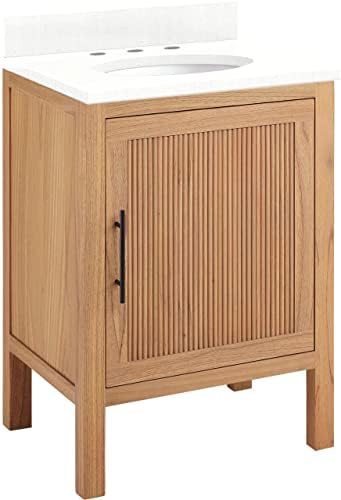 Signature Hardware 481722 Ayanna 24" Free Standing Single Vanity Set with Mindi Wood Cabinet, Vanity Top and Oval Undermount Vitreous China Sink - 8" Faucet Holes - Natural Mindi/Feathered White