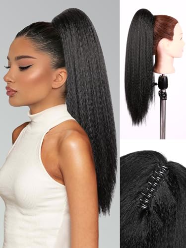 WIGNEE Kinky Straight Ponytail Extension for Black Women with Claw Clip and Drawstring - Yaki Ponytail, Fluffy Soft Full Yaki, Natural Black, 20 Inch