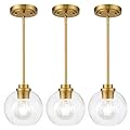 OUVR Pendant Lights Kitchen Island, Modern Gold Pendant Light with Clear Glass, 7 Inch Farmhouse Hanging Light Fixtures for Dining Room Entryway, Bedroom, Hallway, Farmhouse- 3 Pack