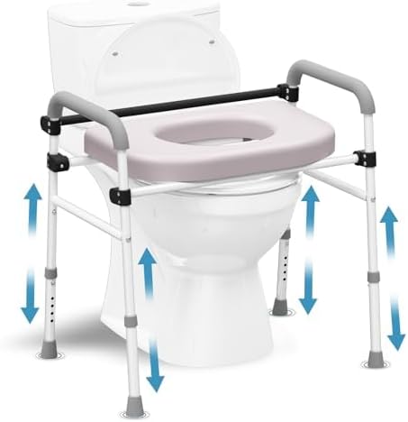 toilet seat riser adjustable height elevated shower commode chair with handles and thick soft pad heavy duty 350lbs bedside commode chair for elderly handicap pregnant easy to assemble toilet chair-largest grey-white