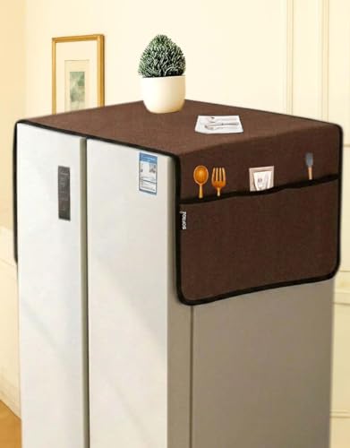 Image of Refrigerator Double Door Waterproof, Dustproof, Protective Cover for Fridges with Extra Storage Space Nylon Top Cover with 6 Storage Pockets (170 x 65 cm) (Brown)