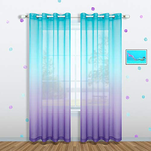 Lilac and Turquoise Curtains for Girls Room Decor Set of 1 Panel Grommet Window Voile Sheer Drapes Purple Teal Ombre Curtains for Bedroom Girls Decorations Kids Mermaid Nursery 52 x 96 Inch Length