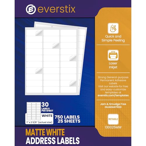 Image of 1 inch x 2-5 /8 inch, 25 Sheets, 750 Mailing Address Labels, White Sticker Labels for Laser & Inkjet Printers, Permanent Adhesive