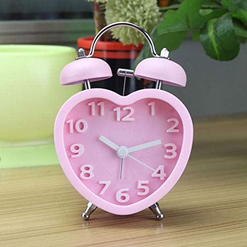 Millya UK 3 Inch Cute Twin Bell Loud Alarm Clock Battery Operated Non Ticking Heart Shape Alarm Clock (Pink) - Image 2