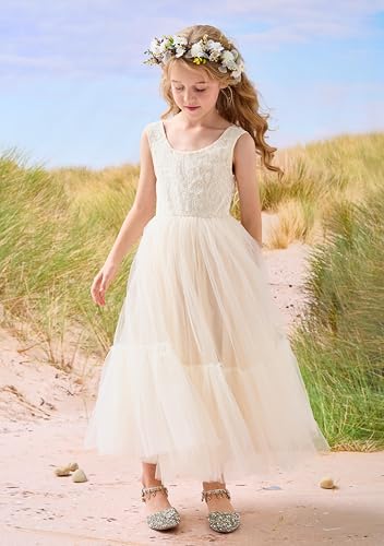 Flower Girl Dress Lace/Tulle Boho Toddler Dresses Ruffle Girl Dress for Wedding Garden Party Communion Beach2