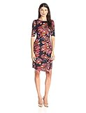 London Times Women's Tile Flower Uneven Hem Elbow Sleeve Sheath