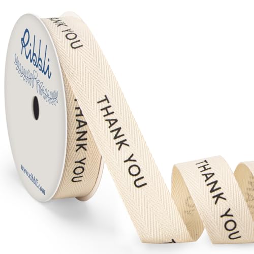 Ribbli Cotton Ribbon Natural Twill Tape Cotton with Black Thank You Printed Farmhouse Ribbon Use for Gift Wrapping Baking Crafts Home Decor-5/8 Inch x 10 Yard