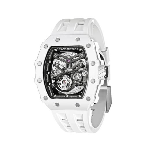 TSAR BOMBA Montre Homme Automatique Squelette Mécanisme Apparent pour Homme Montre de Luxe Tonneau Saphir Etanche 50M Résistant Marque Rectangulaire Plongee Sport Militaire Cadeau Homme