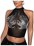 WDIRARA Women's Flame Pattern See Through Crop Top Rhinestone Hot Drilling Mesh Halterneck Perspective Tank Top