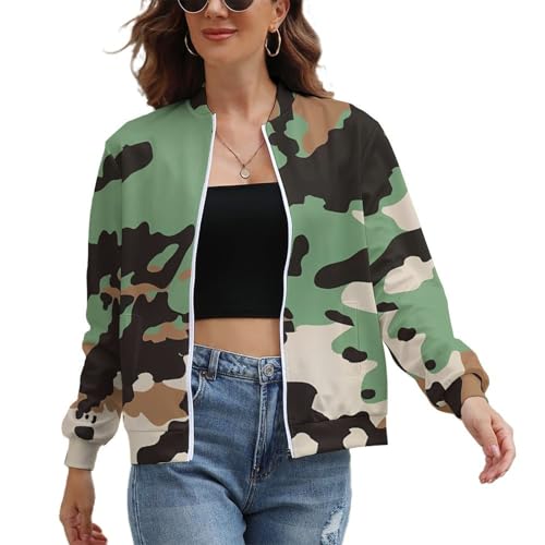 Army Green Camouflage Women's Zippered Jacket Long Sleeve Outwear Sweatshirts Jackets Fashion Fall Outfits S