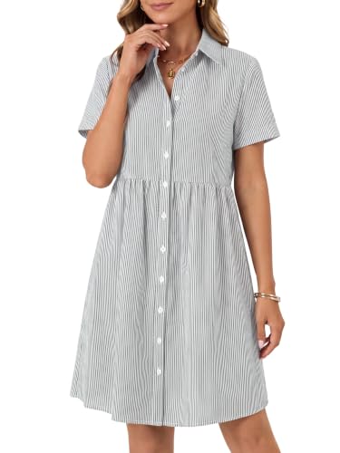 Image of Women's Striped Shirt Collared Neck Button Down Mini Dress Gray Large