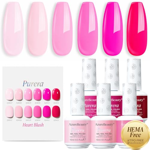 Image of AZUREBEAUTY 6 Colors 15ml HEMA Free Pink Purera Gel Nail Polish Set, Same Color Bottles, Soak Off UV LED Gel Polish Kit Nail Art for DIY at Home Manicure Salon Gift, Neon Light Bright Baby Pink
