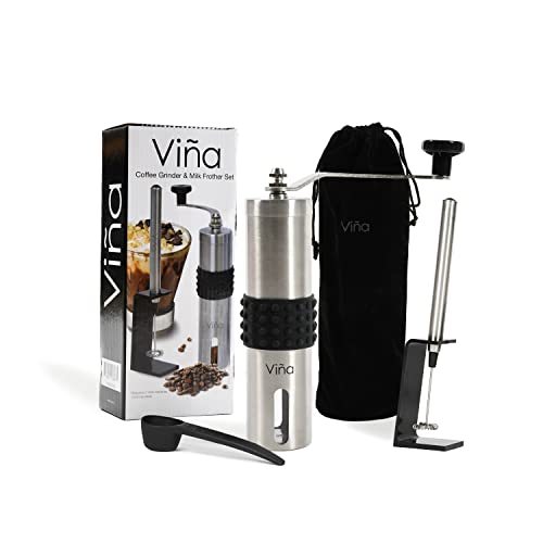 Tirrinia Manual Coffee Grinder, Adjustable Ceramic Burr Premium Stainless Steel Portable Mill with Milk Foam Maker Wand Storage Bag and Coffee Spoon for Travel, Gifts for Coffee Lovers