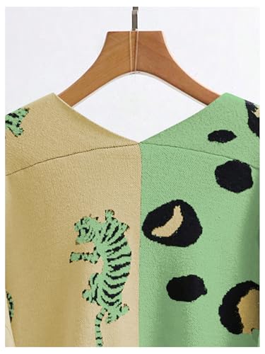 Image of WDIRARA Women's Leopard Tiger Print Cardigan V Neck Long Sleeve Color Block Button Down Sweater Outwear