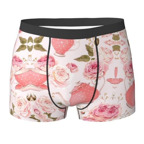 SDFCUMDM Gobelets à thé avec roses - Imprimé shabby romantique - Boxer pour homme - 95 % polyester + 5 % élasthanne - Respirant et léger, Noir , XXL