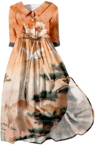 Casual Dresses for Women 2024 Spring Summer Japanese Cranes Plus Size 3/4 Sleeve A-Line Trendy Loose Dresses