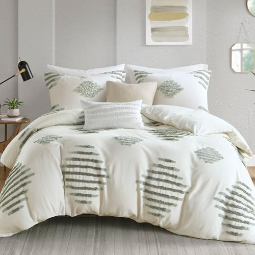Image of Ink+Ivy Duvet Cover Set Chenille Tufted Geometric Duvet Cover for Queen Size Bed, All Season, Soft & Lightweight Cotton Rich Queen Bedding Cover & Shams, Tahli, Full /Queen Green /Ivory 3 Piece