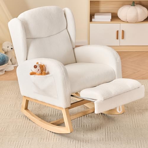 DEKKETO Fauteuil à Bascule avec Repose-Pieds - Rocking Chair Allaitement à Dossier Haut et Poche, Chaise a Bascule à Oreilles en Bouclette, pour Salon,...