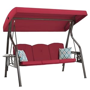3-Seat Outdoor Porch Swing with Stand, Patio Swing with Canopy, 2 in 1 Porch Swing Bed & Patio Swing Chair for Adult w/Extra Pillows and Cup Holder for Yard (Wine Red)