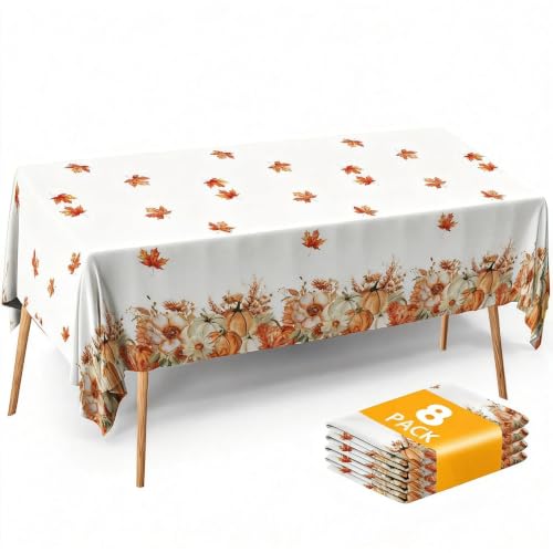 Image of ATFUNSHOP Fall Thanksgiving Tablecloth 8 Packs Plastic Disposable Table Cloth 54x108 Rectangle Table Cover with Pumpkin & Maple Leaf for Holiday Dinner Party Decorations Outdoor Picnic & Baby Showers
