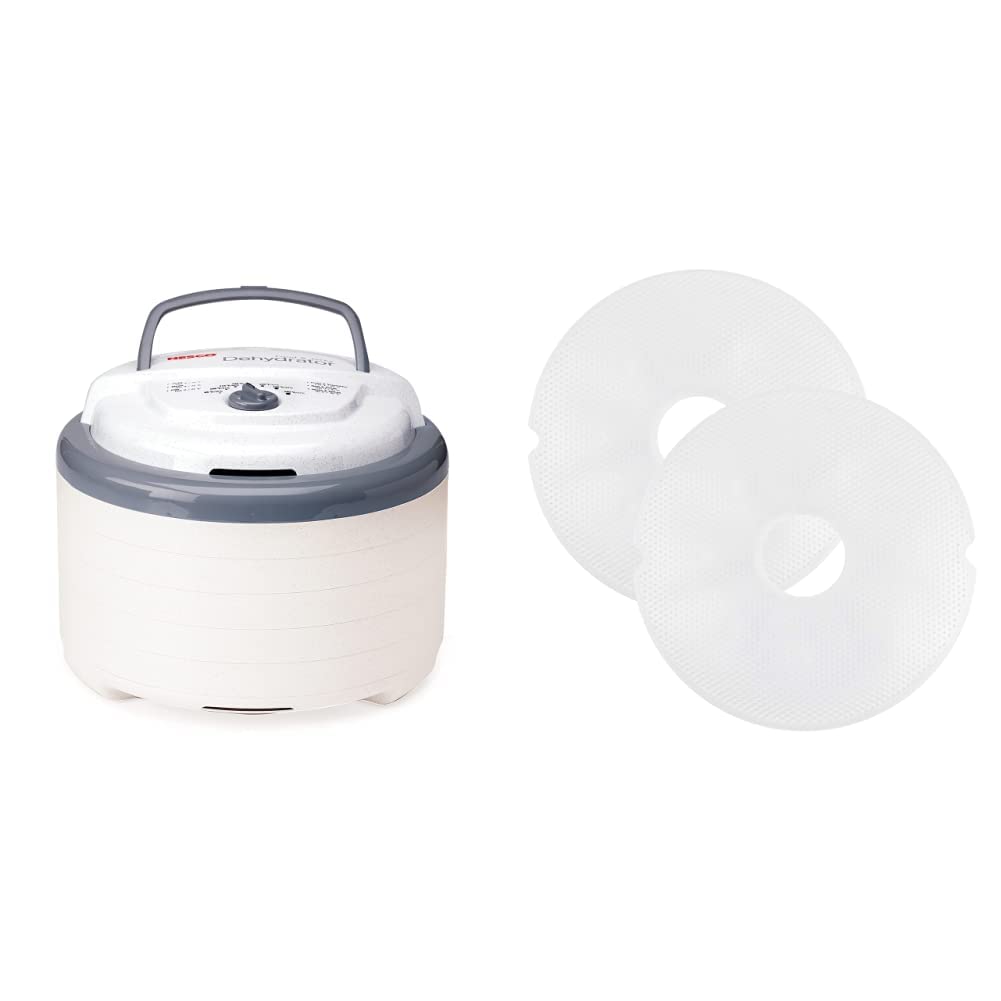 NESCO FD-75A Snackmaster Pro Food Dehydrator, For Snacks, Fruit, Beef Jerky, Gray & LM-2-6 Round Plastic Mesh 13 1/2" Clean-A-Screens, for Dehydrators, 2 Pack
