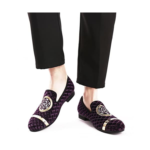 XQWFH Mens Rhinestone Loafers Velvet Tuxedo Dress Shoes with Gold Plate Smoking Slippers Slip-On Penny Party Wedding Casual Shoes, Purple, 12 - Image 6