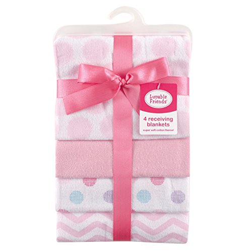 Image of Luvable Friends Unisex Baby Cotton Flannel Receiving Blankets, Pink Dots 4-Pack, One Size