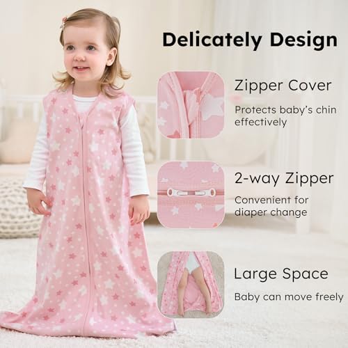 Image of Baby Sleep Sack 12-18 months, 100% Cotton Sleeping Sack for Newborn and Infant, 3 Pack Baby Wearable Blanket for Boy and Girl, 0.5 Tog Lightweight Double Zipper Sleep Bag Pink Heart