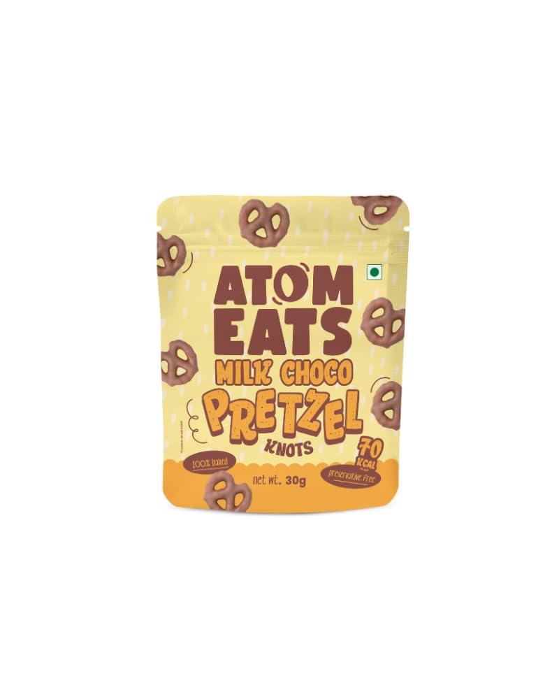 Atom Eats | Milk Choco Dipped Pretzels 30g | Pack of 1 | Choco Dipped Mini Salted Pretzel Knots | Rich Milk Chocolate - Perfect Gourmet Snack for Sharing, Parties - Imported Chocolates, Versatile Delight | 100% Baked | Preservative Free