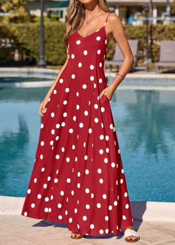 Image of KIRUNDO Womens Polka Dot Spaghetti Strap Flowy Maxi Dress | Sleeveless V Neck Boho Long Dresses, 2026 Summer Beach Vacation Cruise Outfits, A-Line Backless Sundress With Pockets
