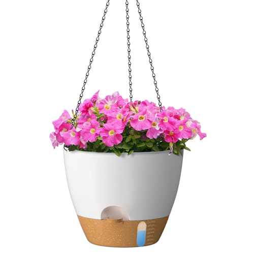 ZMTECH 30 cm Hängetopf für Pflanzen mit Bewässerungslippe Selbstbewässernder Pflanzentopf mit Abflusslöchern und abnehmbarem Untersetzer aus Kunststoff für Innen- und Außenpflanzen (2er-Set, Weiß)