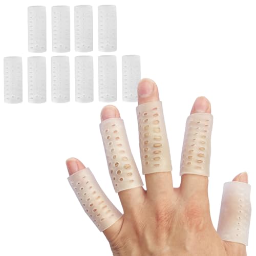 Skeerthy Breathable Finger Sleeves Protectors, 10 Pieces Finger Cots Gel Finger Sleeve Protectors, Finger Gloves Cushion Fingers Tube Protector for Basketball Cracked Finger