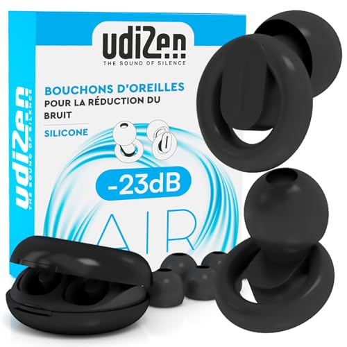 Bouchons d'oreilles Antibruit pour Voyager Dormir Étudier -23dB UdiZen Air - 1 Paire de Bouchons Réutilisables Ergonomiques Réduction du Bruit SNR 23dB Protection Auditive avec Étui Couleur Noire