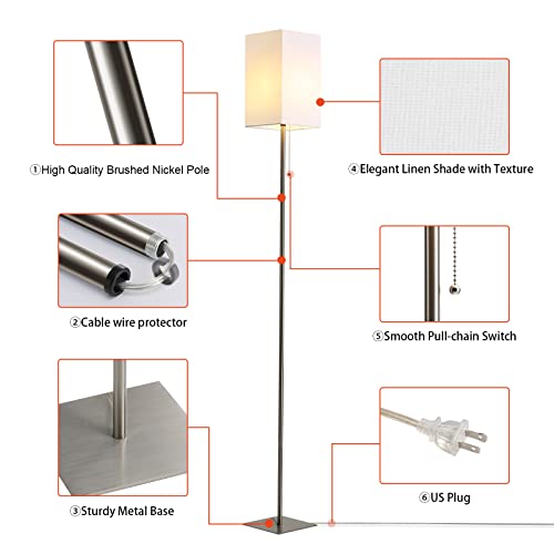 Figdifor Floor Lamp, Floor Lamps For Living Room, Pull Chain Tall Lamp Standing Lamp With Linen Shade, 2700K Warm White Bulb Included, Simple Design Floor Lamp For Bedroom Office Reading Room, Silver #TOP3