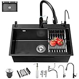 TAZZOR Küchenspüle Küchen Spülbecken Edelstahl Küchen Waschbecken Praktisches Schwarze Spüle Spülbecken mit Armatur Set, Tassenspüler, Seifenspender und Ablaufgarnitur (60×45CM)
