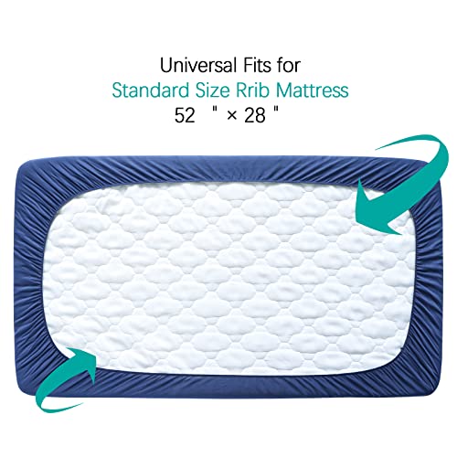 Image of Crib Mattress Protector Sheets Fitted Waterproof Crib Mattress Pad Cover | Quilted Improved Thickness Machine Washable Noiseless 52 inch x 28 inch Navy Fit for Standard Crib Toddler Bed Mattress up to 9 inch