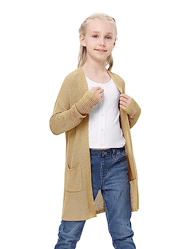 Amarmia Girl's Open Front Cardigan Long Sleeve Knit Sweaters Kids Lightweight Cute Casual Loose Outerwear Coats With Pockets Khaki #TOP3