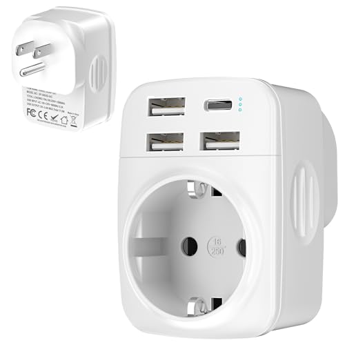 Hoppac 5 in 1 Adapter USA Deutschland Stecker, USA Adapter Steckdose mit 3 USB A und 1 USB C für Kanada, Mexiko, Antigua und Barbuda, Aruba, Bahamas, Barbados, Belize, Bermuda, Kolumbien, Costa Rica
