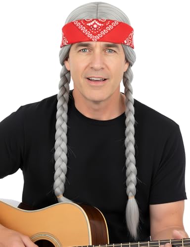 AMZCOS Long Silver Grey Braided Wig with Bandana for Mens 60s Hippie Costume Halloween Party (Silver Grey)