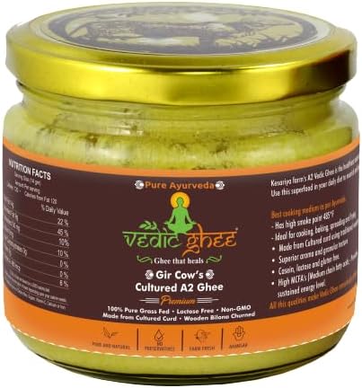 Vedic Ghee プレミアム A2 Gir 牛 養殖ギー Kesariya Farm製 | ヴェーダ ビローナ 2ウェイ 手回し | インディアンギルカウギー ピュアA2ギー ナチュラル&ヘルシー 遺伝子組み換えなし | 実験室認定 (250ml)