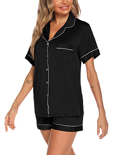 Image of Aamikast Button Up Pajama Set for Women Shorts Short Sleeve Knit Sleepwear 2 Pice Pjs Sets