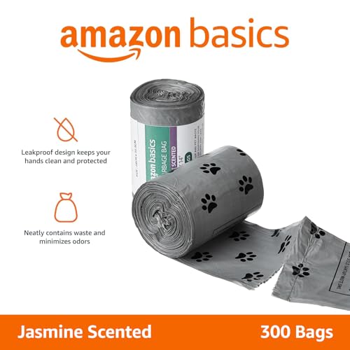 Image of Amazon Basics Pet Poop Bags with Fun Paw Print Design | Grey | 300 Count | 30 Bags x 10 Rolls | Strong and Leak-Proof | Easy to Use | Mild Jasmine Scent