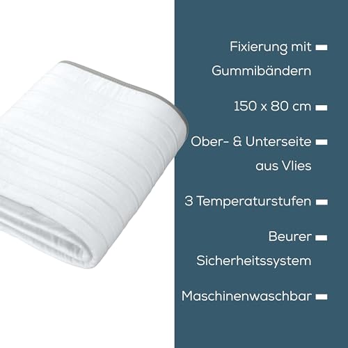 Beurer TS 17 Wärmeunterbett, weiches Vliesmaterial, rutschfest dank Fixierung mit Gummiband, 3 Temperaturstufen, 150x80 cm, Sicherheitssystem, abnehmbarer Schalter, maschinenwaschbar bei 30 °C, Grau