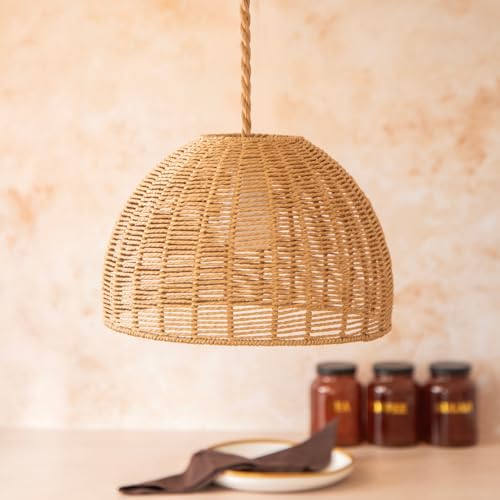 Handwoven Dome Pendant Lampshade Natural Rattan-Style Ceiling Light Shade in Tight Weave Design Boho, Coastal & Minimalist Home Decor (H 23cm x W 29cm) (1)