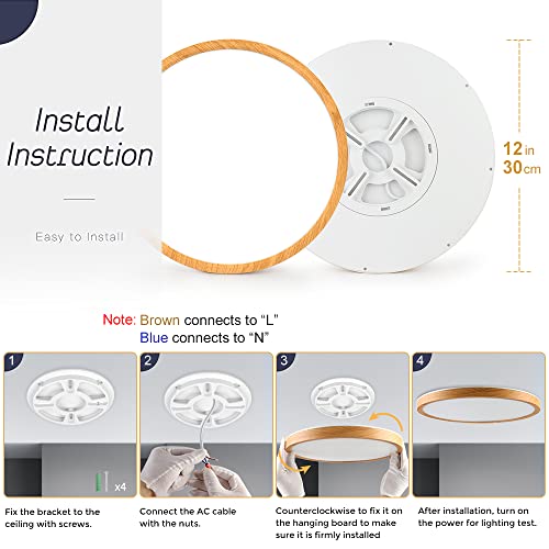 12 Inch Wood Grain Led Ceiling Light Fixture Flush Mount, 5000K Daylight White, 24W Flat Modern Round Closet Lighting Fixtures, 3200Lm Low Profile Circle Ceiling Lamp For Hallway, Bedrooms.etc. #TOP5