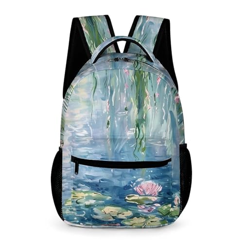 Lotues Willow Trees Water Lilies Cute Backpack Travel Work Bag with Water Bottle Pocket Adjustable Padded Shoulder Straps Daypack