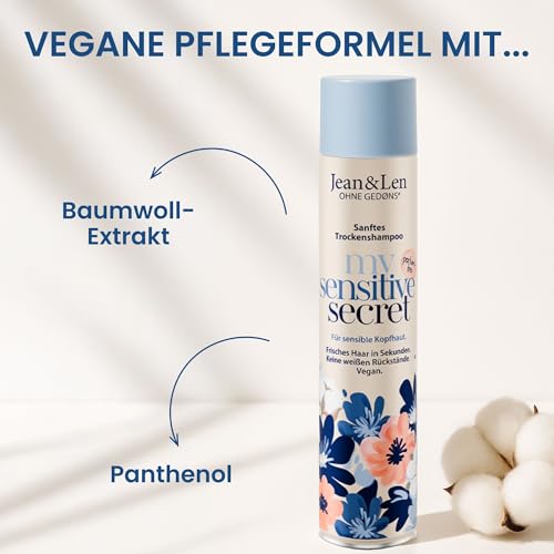 Jean & Len Trockenshampoo my sensitive secret, für sensible Kopfhaut, mit Baumwoll-Extrakt & Panthenol, hilft bei fettigen Haaransätzen, keine weißen Rückstände, Parfumfrei, 200 ml